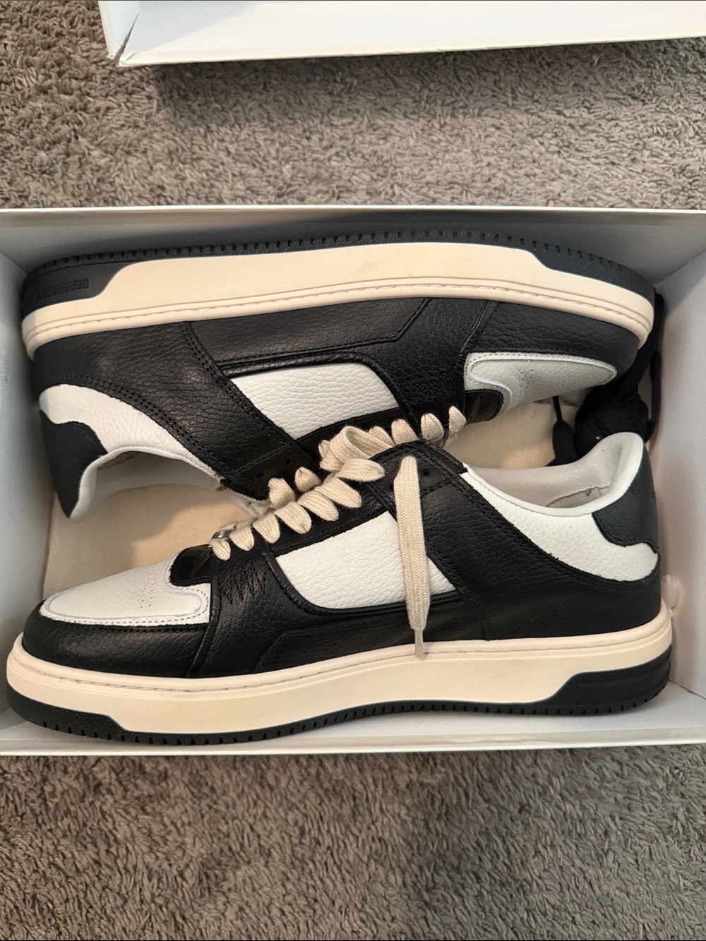Men's Black and White Leather Low-Top Sneakers